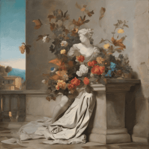 Προτομή γυναικείας φιγούρας με λουλούδια σε κλασικό ρεστωρικό ύφος, διάκοσμος και κλασική τέχνη.