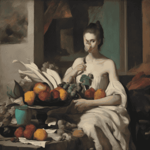 Ανθρώπινη γυναίκα ζωγραφισμένη με στοιχεία τέχνης και κίνησης, με διακοσμητικά φρούτα και λουλούδια που τονίζουν την καλλιτεχνική σύνθεση.