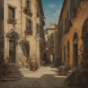 Παλιό σοκάκι με λουλούδια και αρχεία σε μεσαιωνική πόλη, τέχνη της κίνησης και εξερεύνηση της τέχνης.