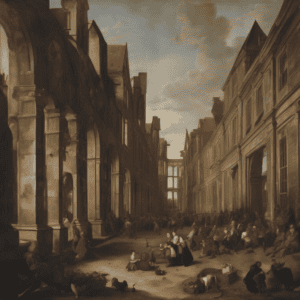 Λιθόστρωτο αστικό τοπίο με ανθρώπους και ζώα, μεγαλόπρενα κτίρια, ουρανός με σύννεφα, ιστορική ατμόσφαιρα, τέχνη κίνησης, νεοκλασική αρχιτεκτονική, εικαστική δημιουργία, ζωγραφική εικόνα, περιπατητικοί χαρακτήρες, ταξίδι στο χρόνο, πολιτιστική κληρονομιά, εξερεύνηση της τέχνης.