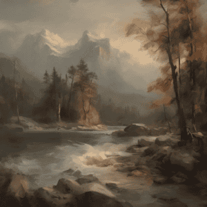 Ορχήστρα βουνών και δέντρων σε τοπίο με ποτάμι, εκφραστική τέχνη της κίνησης στη φύση, έργο τέχνης και εξερεύνηση της φύσης.