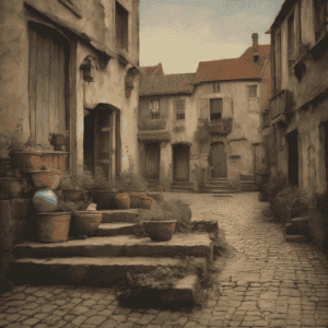 Λαική αυλή με παλιά κτίρια, πέτρινα σκαλοπάτια και πιάτα με φυτά, δημιουργικές εικόνες με τέχνη και κίνηση.