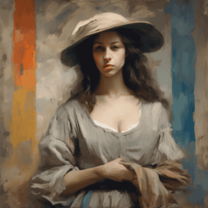 Φωτογραφία νεαρής γυναίκας με καπέλο σε ζωγραφιστό στιλ, εστίαση στην τέχνη της κίνησης και το έργο τέχνης.