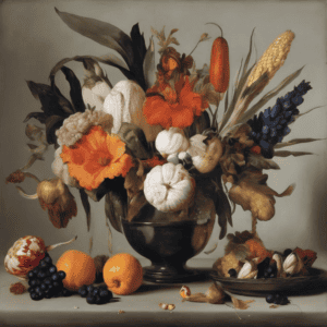 Φθινοπωρινή σύνθεση από λευκά και πορτοκαλί άνθη, σκόρδα, φρούτα και δημητριακά σε γυάλινο βάζο.