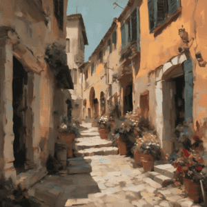Παλιά Ευρωπαϊκή γειτονιά με νόστιμα λουλούδια και πέτρινο δρόμο, ζωγραφική τέχνης και κίνηση.