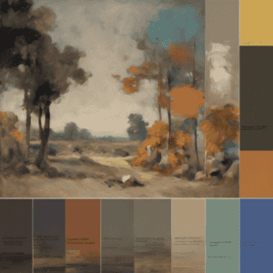 Ζωγραφική τοπίου με δέντρα σε χαλαρές πινελιές, εμπνευσμένη από την τέχνη της κίνησης και την εξερεύνηση της μορφικής έκφρασης.