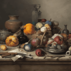 Λαδικό Painting still life με φρούτα και βάζα, αναπαράσταση της τέχνης και της κίνησης στη ζωγραφική τέχνη.
